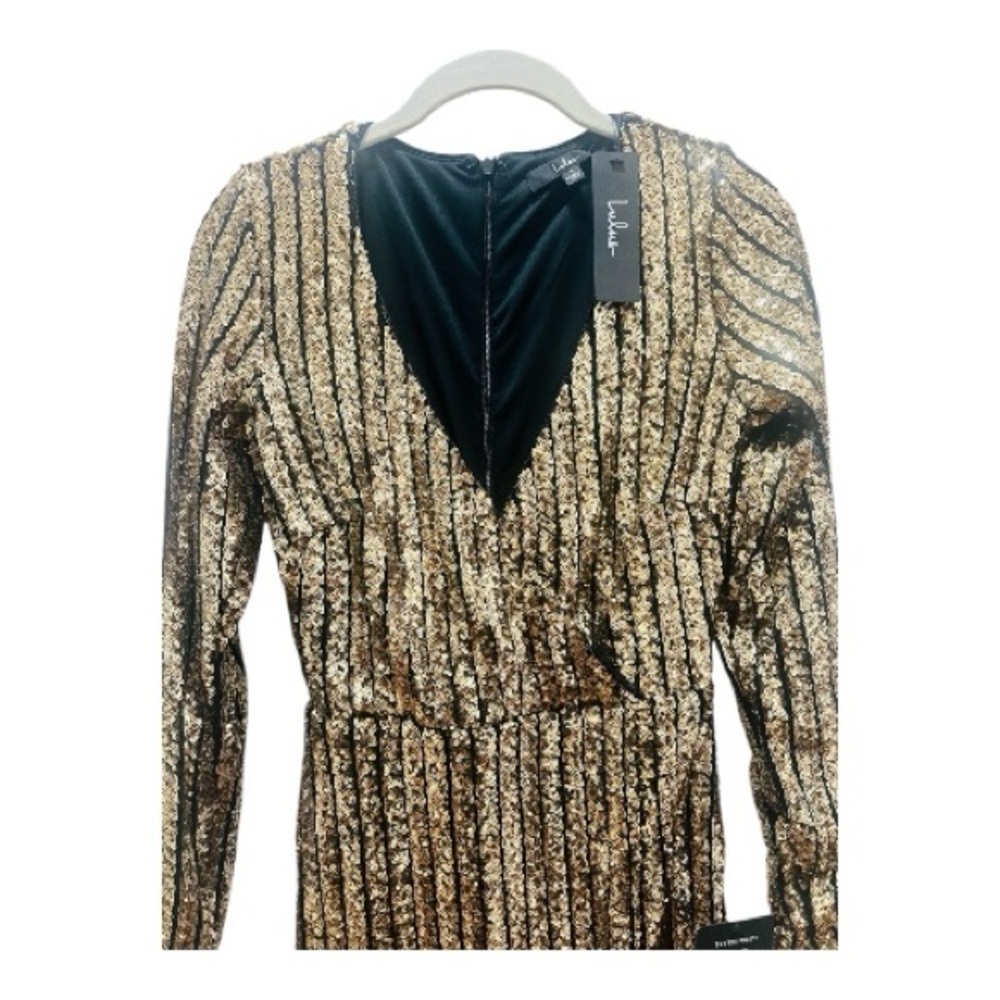 NWT Lulu's Elegant Gold Sequin Black Party Tulip Mini Dress |  New Years Eve - Picture 14 of 16